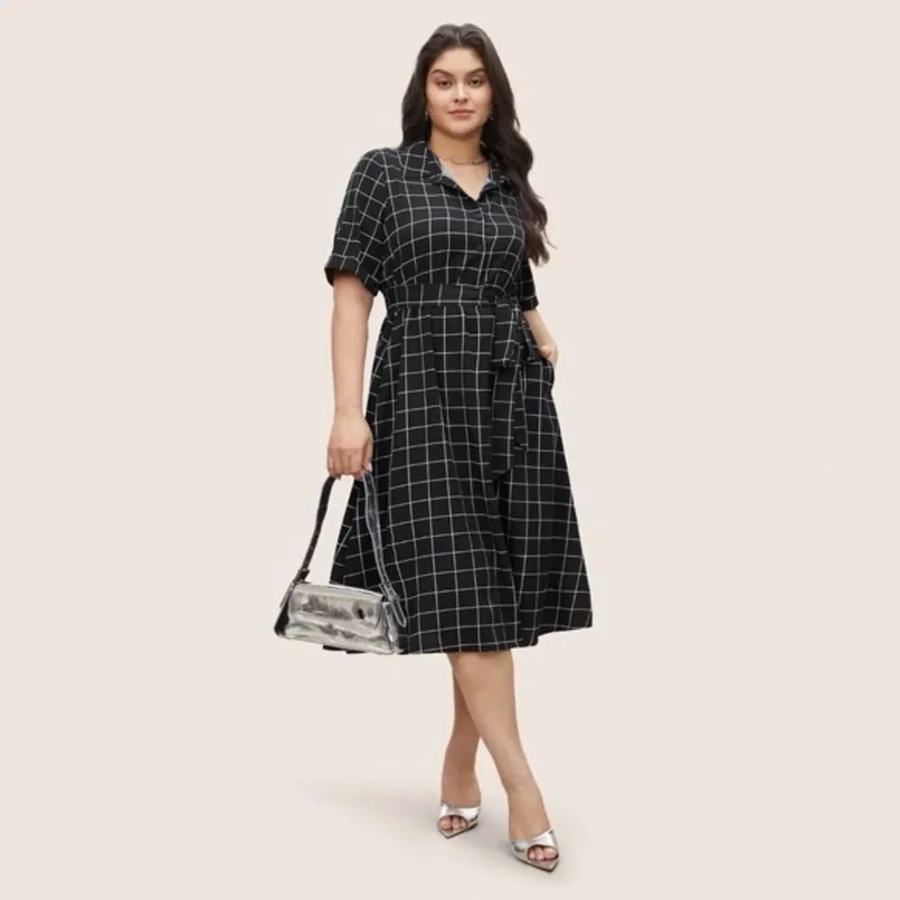 NWT BloomChic Black Windowpane Midi Shirt Dress with Tie Waist